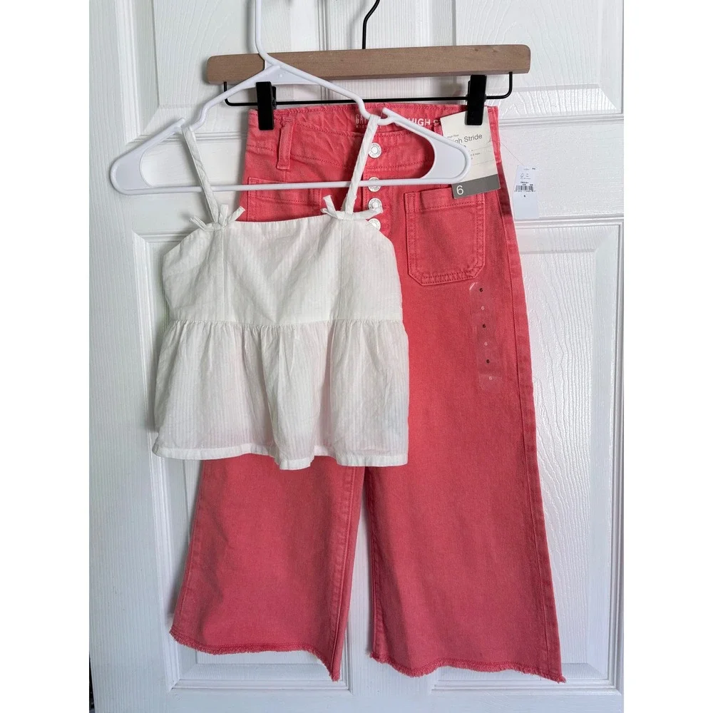 Gap Kids 2pc Outfit Set Size 6 Coral Pink High Stride Jeans White Peplum Top NWT